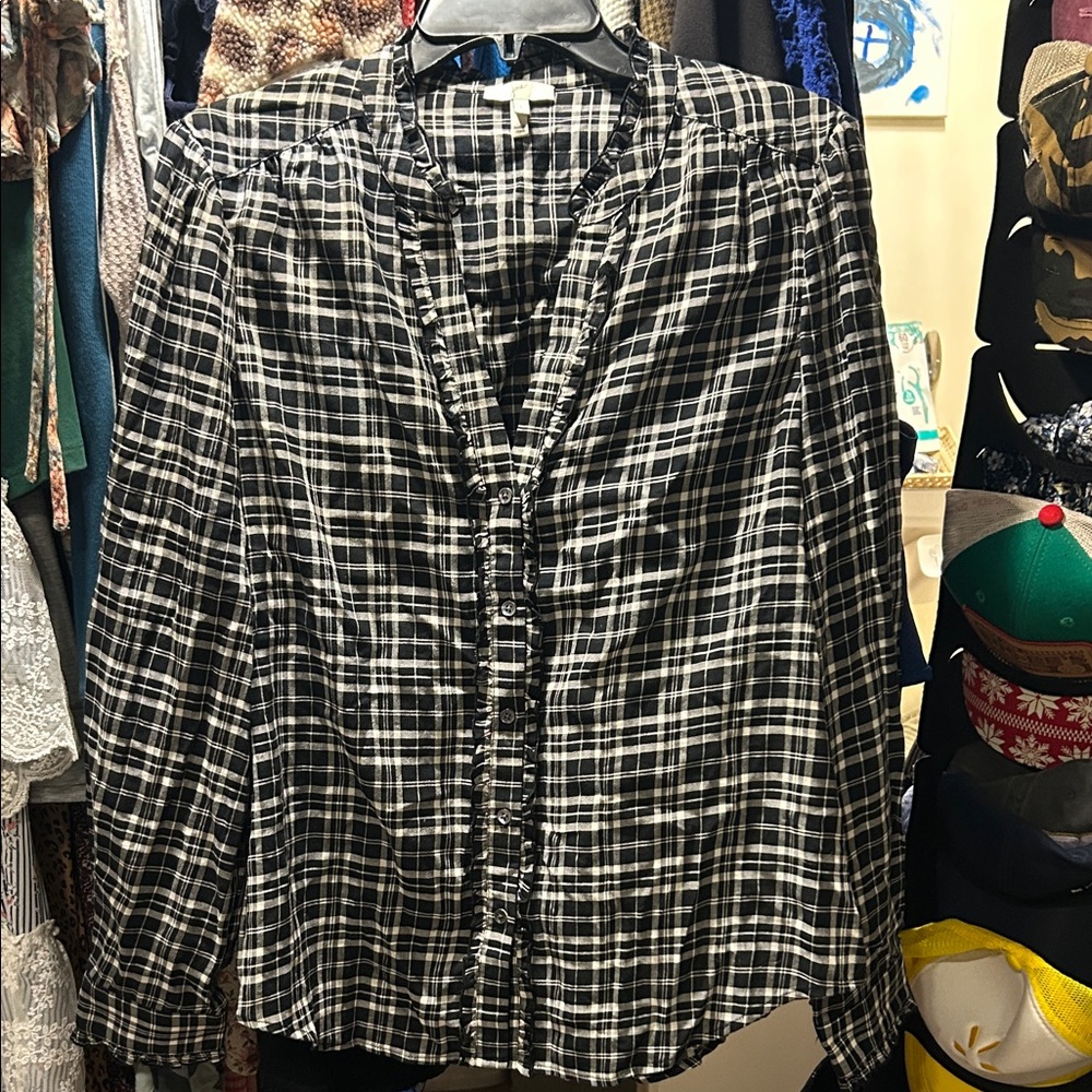 Joie Black and White Plaid Button-Up Blouse
